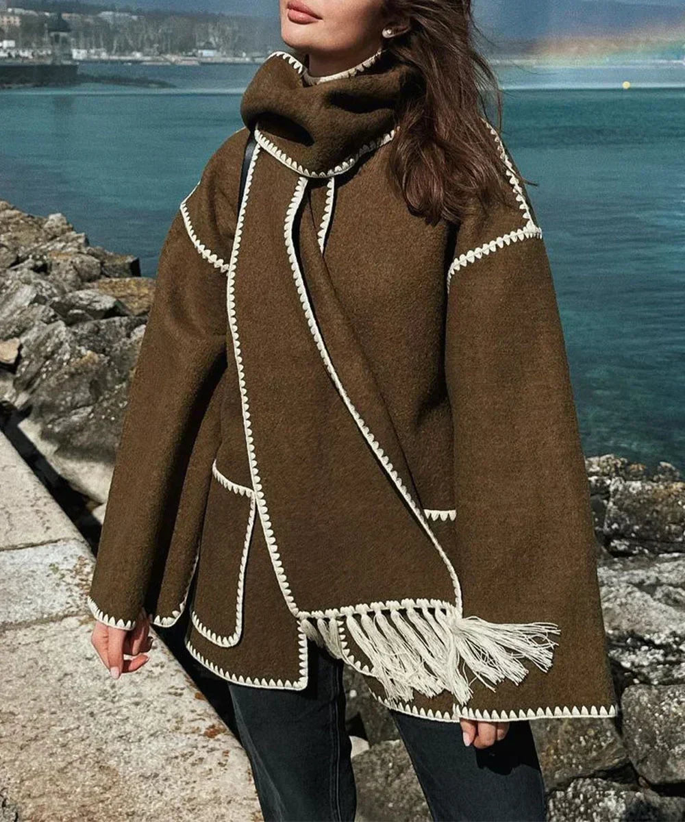 Street-wave Pompon Wool Coat For Women With Fringe Trim And Contrast Stitching For Everyday Style