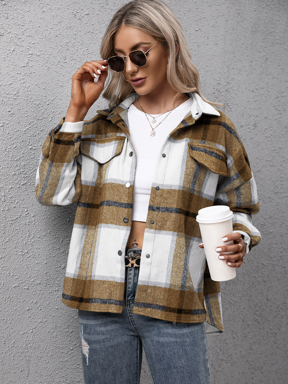 Street-Wave Womens Plaid Shirt Jacket Relaxed Fit Easy-Care Polyester Versatile Everyday Layering Piece