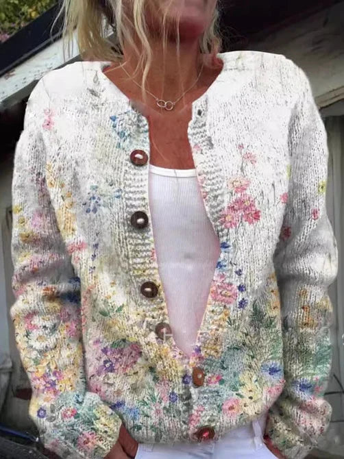 Street-Wave Floral Buttonless Knit Cardigan Women Effortless