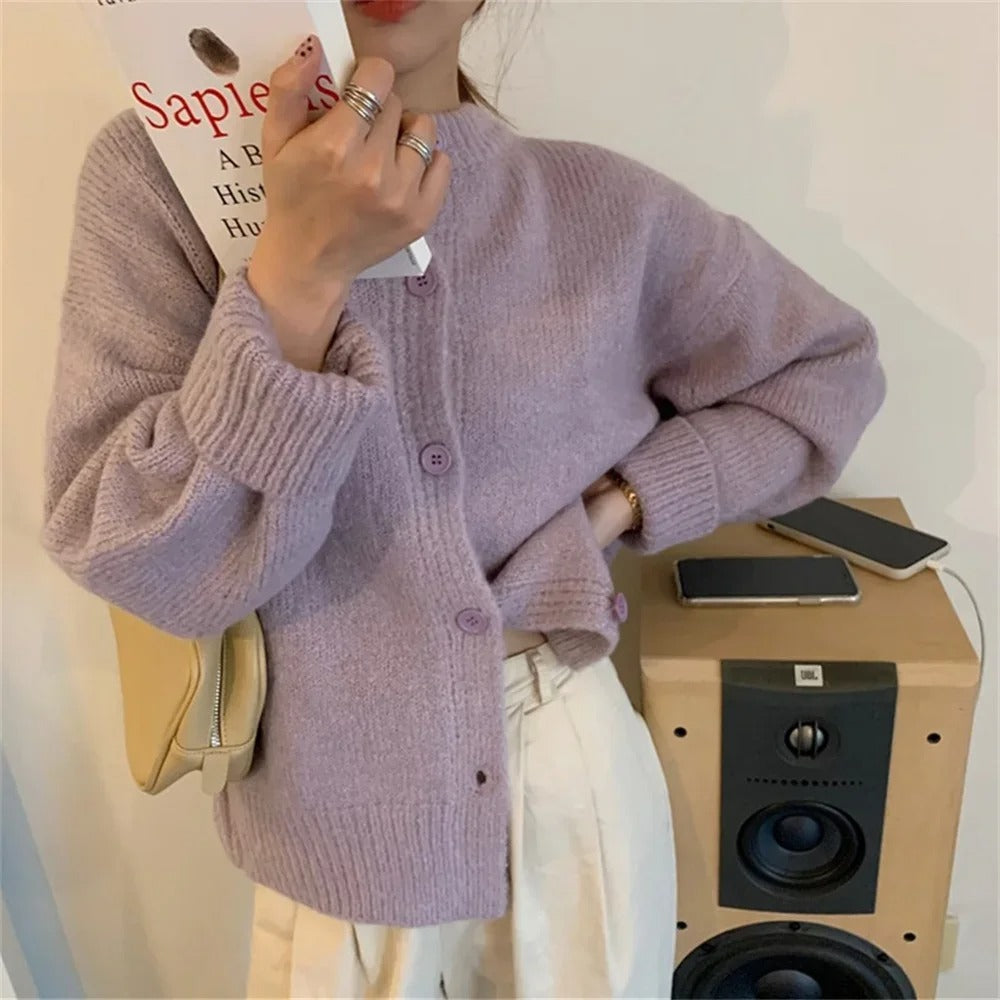 Street-wave Cozy Knit Cardigan Pullover For Women Everyday Wear Soft Pink Button Front
