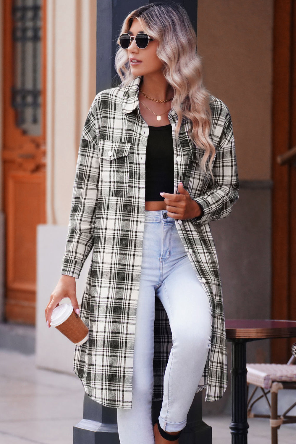 Street-wave Plaid Shacket Longline Button Up With Chest Pockets For Women Everyday Versatile Chic Outerwear