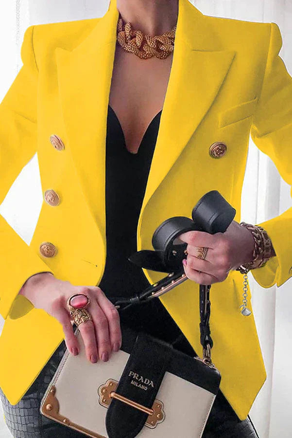 Street-Wave Knee Length Blazer For Modern Women With Gold Button Double Breasted Style