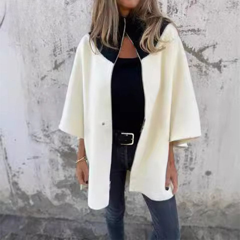 Street Wave Bicolor Long Coat for Elegant Layering Women Two Tone Jacket with High Collar and Zip Front