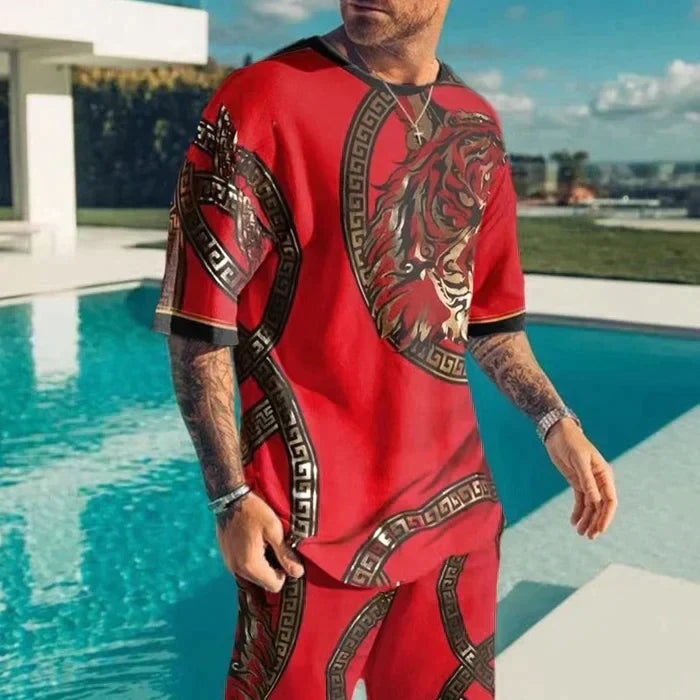 Street-Wave Tigerprint Hawaiian Shirt and Shorts Set for Men, Quick-Dry Stretch Fabric, Beachwear