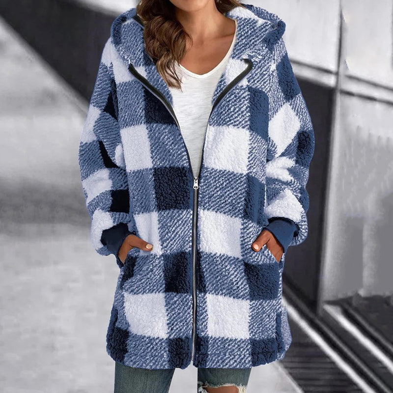 Street-wave Hooded Plaid Coat For Women With Zipper Pockets Warm Cozy Everyday Style