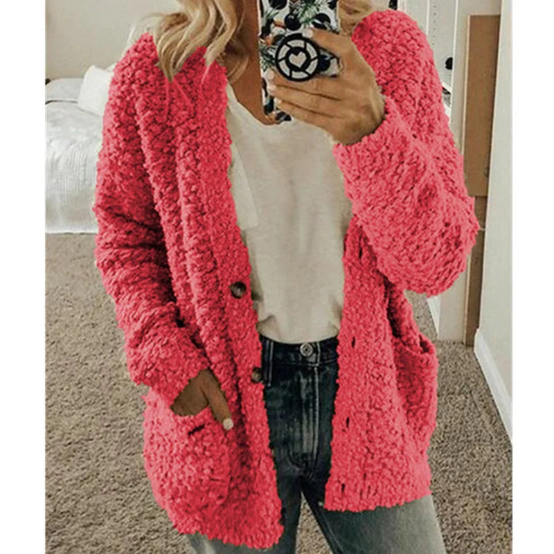 Street-wave Plush Cardigan Coat For Women - Ultra Cozy Warmth With Front Pockets