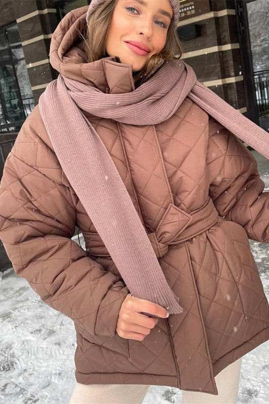 Street-Wave Quilted Hooded Puffer Parka With Tie Belt For Women Loose Fit Warm Winter Coat