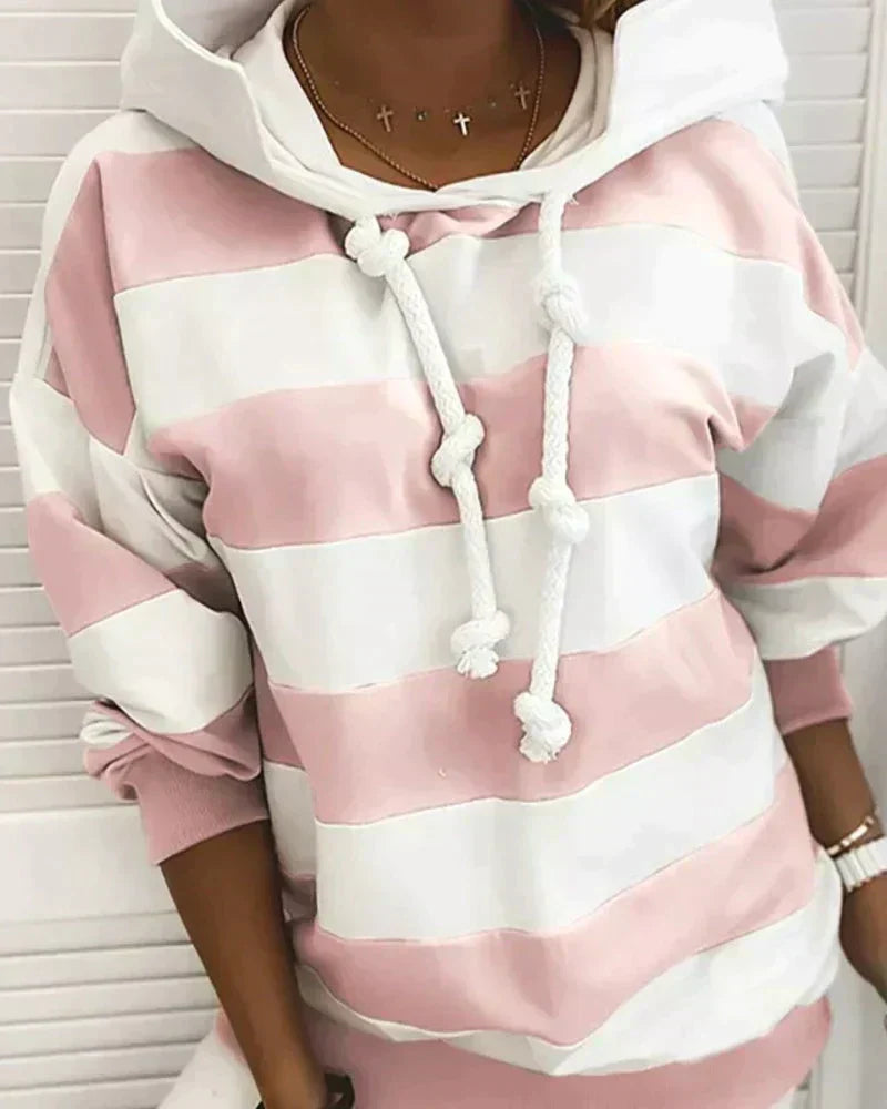 Street-wave Striped Hoodie Women Cozy Fall Essential With Rope Drawstrings And Soft Casual Fit