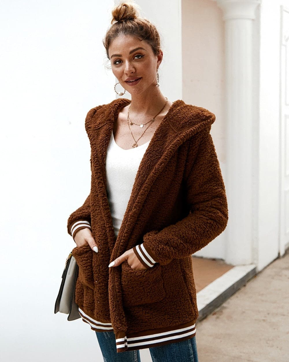 Street-wave Fleece Jacket Women Oversized Sherpa Hooded With Large Pockets Soft Warm Comfort