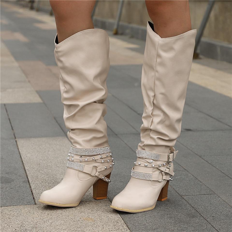 Women's Knee-High Slouchy Boots with Block Heel and Versatile Style