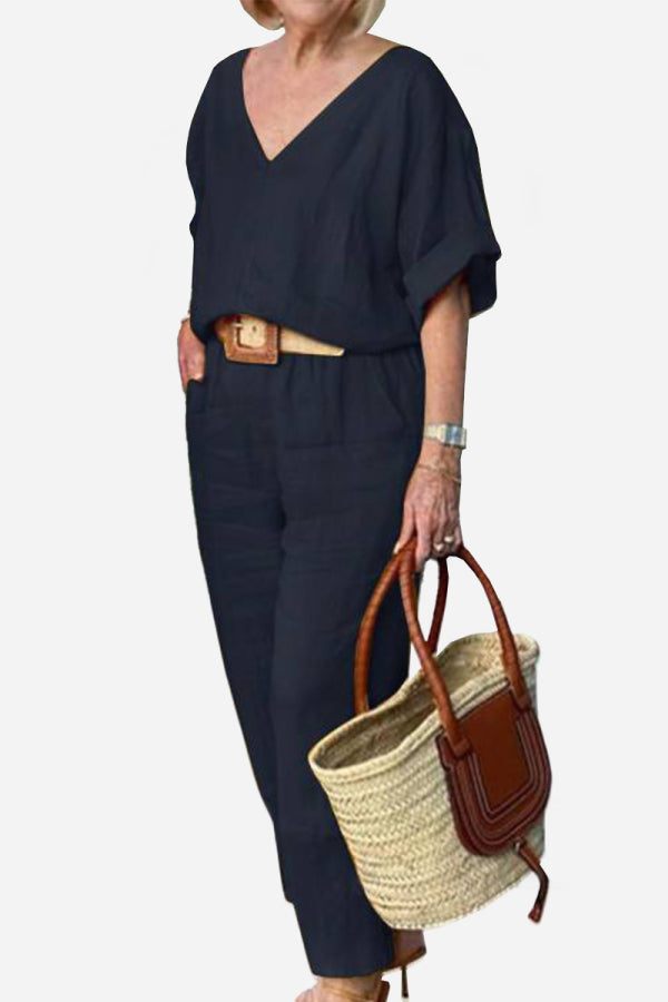 Women's V-Neck Batwing Top with Relaxed Fit and Straight-Leg Trousers