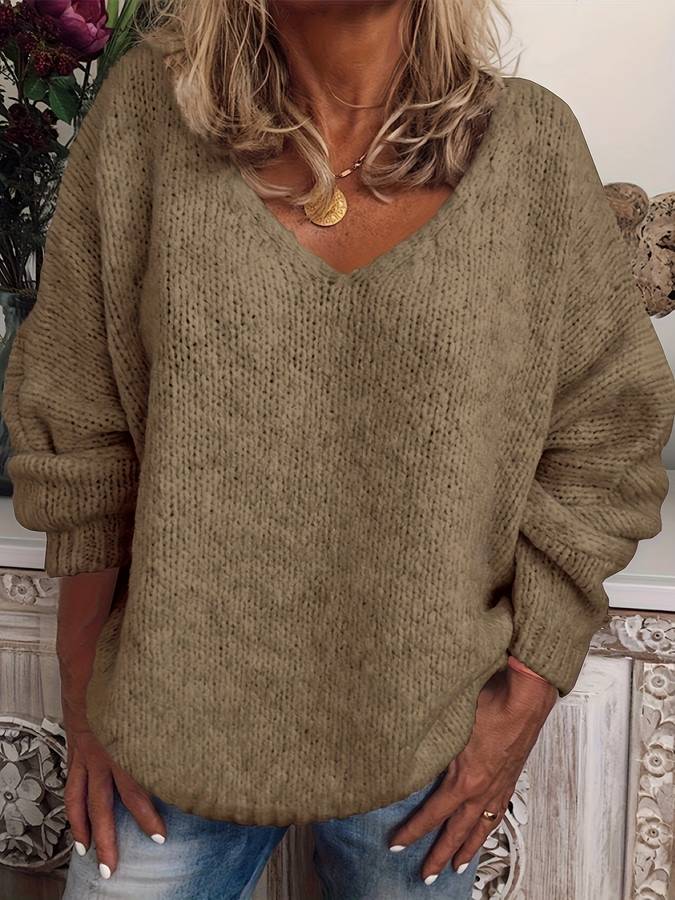 Street-Wave Oversized V-Neck Sweater for Women Cozy Knit Pullover Soft Polyester Warm Everyday Wear