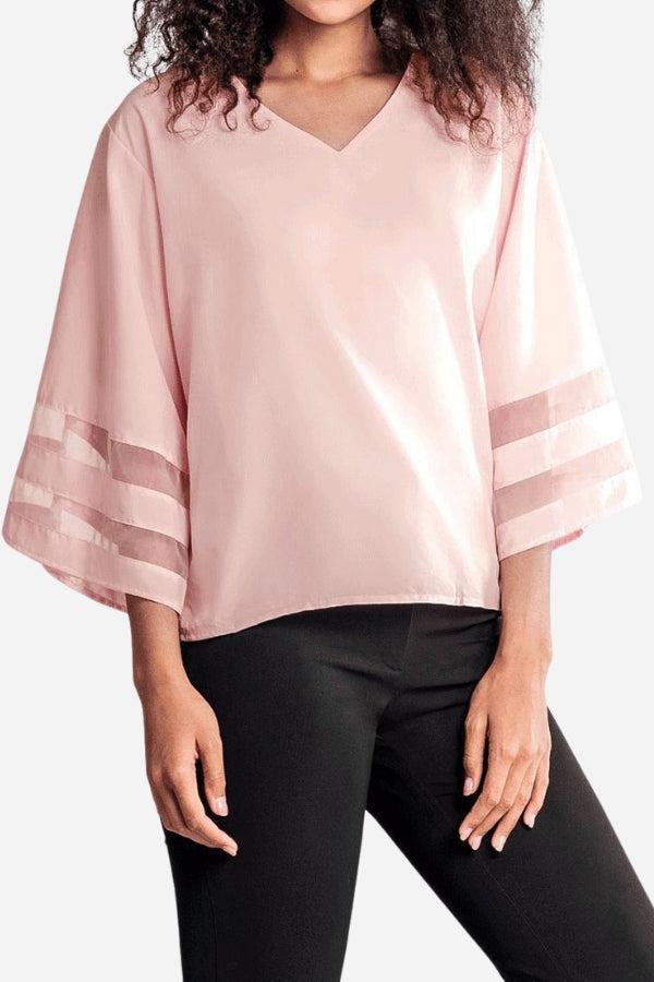 Women's V-Neck Bell Sleeve Blouse with Mesh Panel and Elegant Design