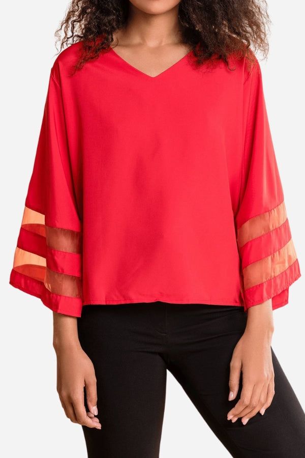 Women's V-Neck Bell Sleeve Blouse with Mesh Panel and Elegant Design