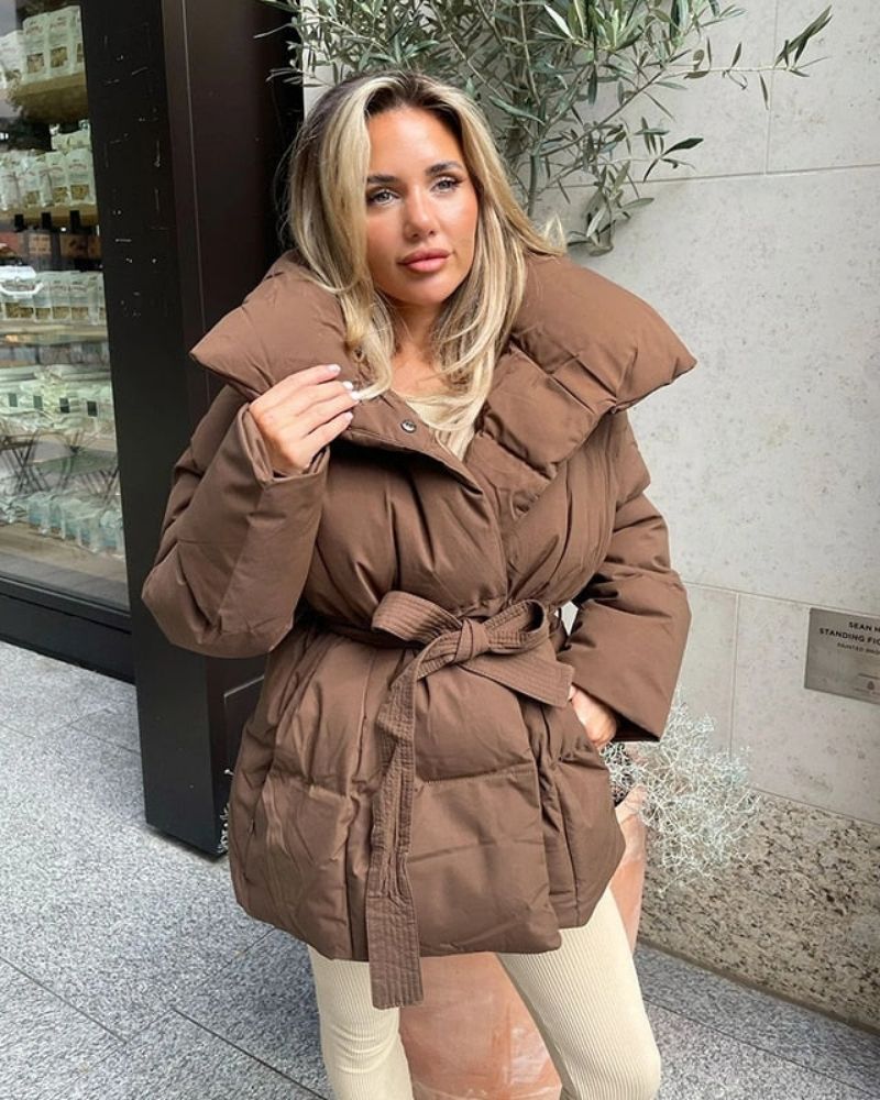 Streetwave Belted Puffer Jacket For Women Cozy Warm Winter Coat With Oversized Collar With Soft Plush Lining