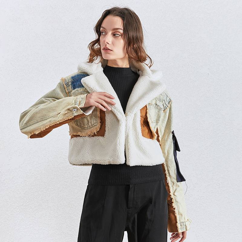Street-Wave Got Caught Denim Crop Jacket Sherpa-Lined Patchwork For Women Streetwear Must-Have