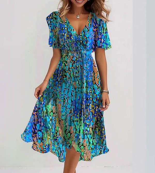 Streetwave Clara Midi Dress Women Blue V Neck Short Sleeve Flowy Comfort For All Occasions