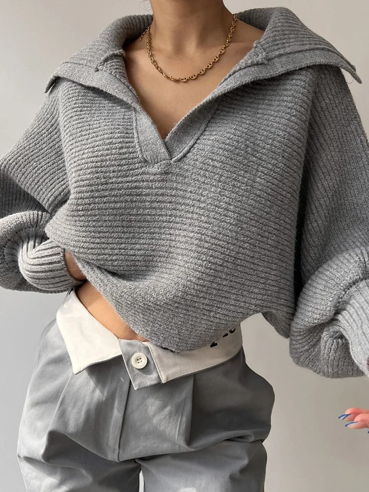 Street Wave Lantern Sleeve Knit Pullover With Open Collar For Women Casual Chic Everyday Wear