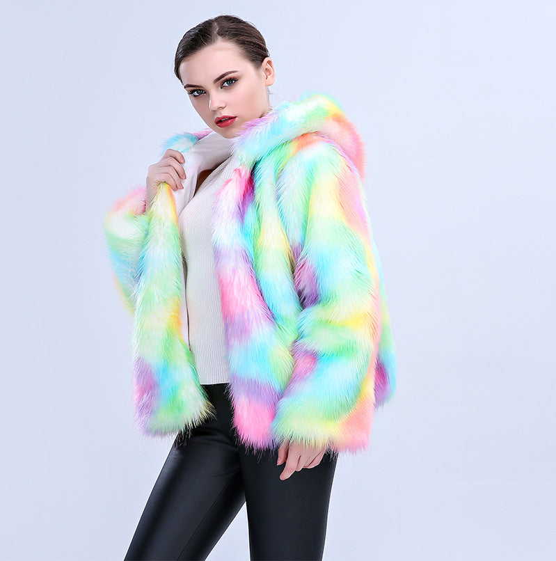 Street-wave Womens Colorful Faux Fur Hooded Jacket With Gradient Color Blocking For Cold Weather