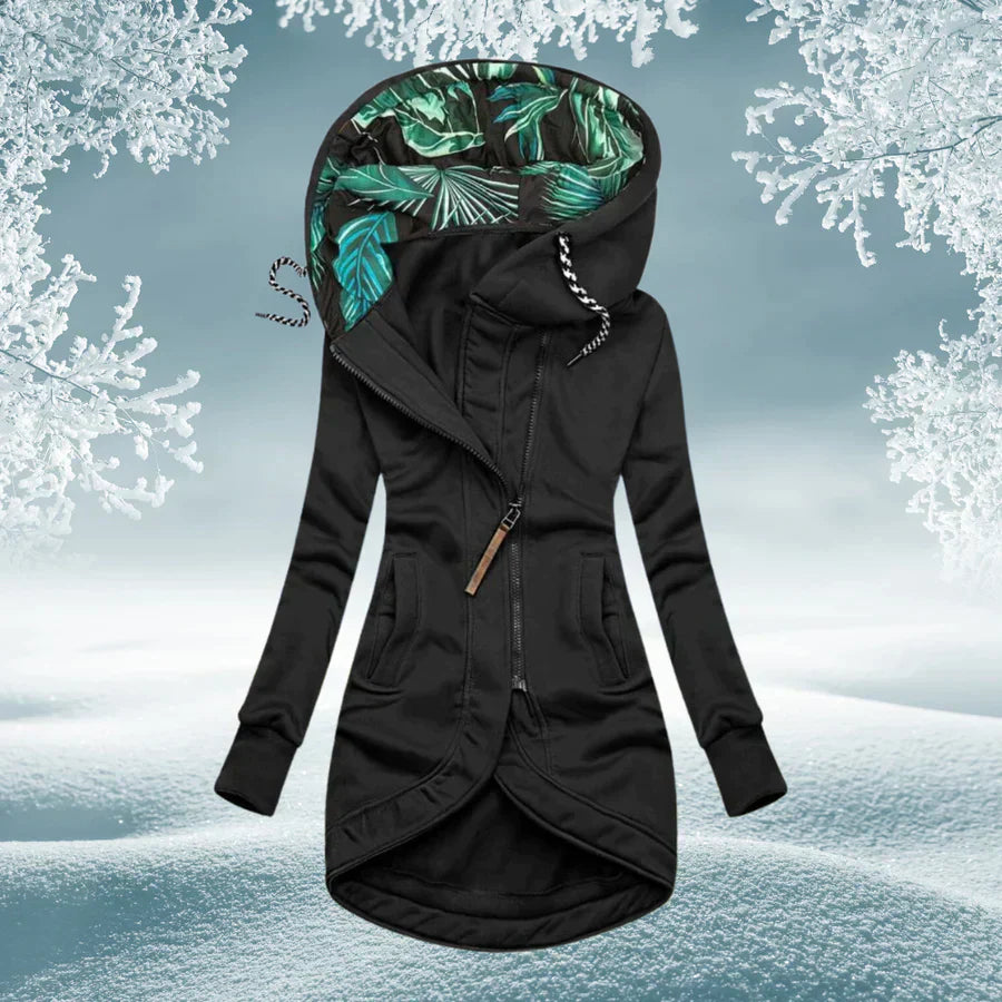 Street-Wave Womens Hooded Long Coat With Zippered Pockets For Fall Winter Warmth