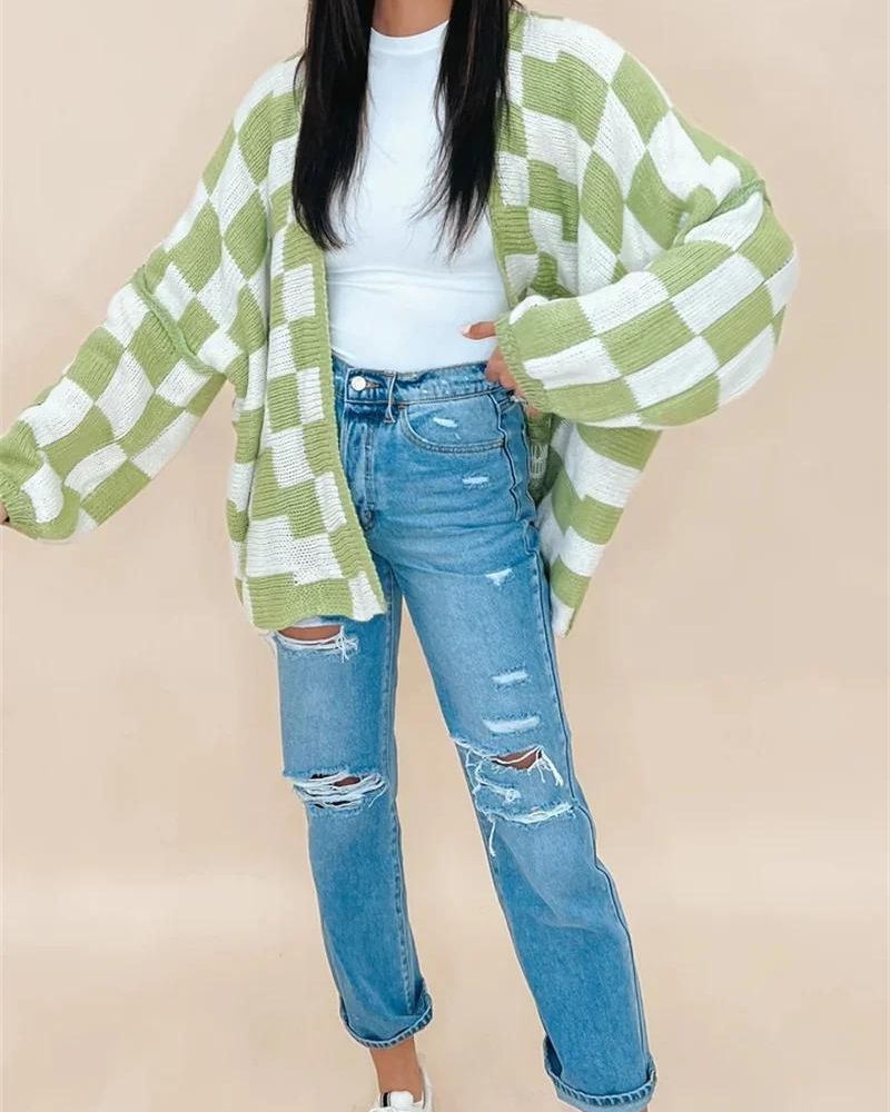 Street Wave Oversized Plaid Knit Cardigan For Women Ultra Soft Cozy Warmth Comfortable Everyday Wear