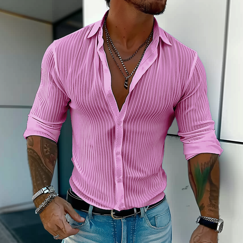 Men's Slim Fit White Vertical Striped Shirt With Lightweight Fabric Button Closure