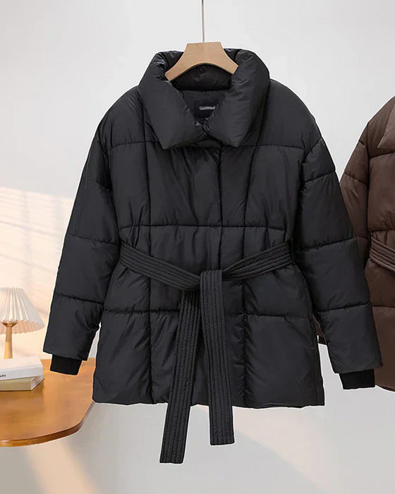 Street-wave Puffer Jacket With Lapel Belted Fit for Women, Lightweight Warmth, Stylish Minimalist