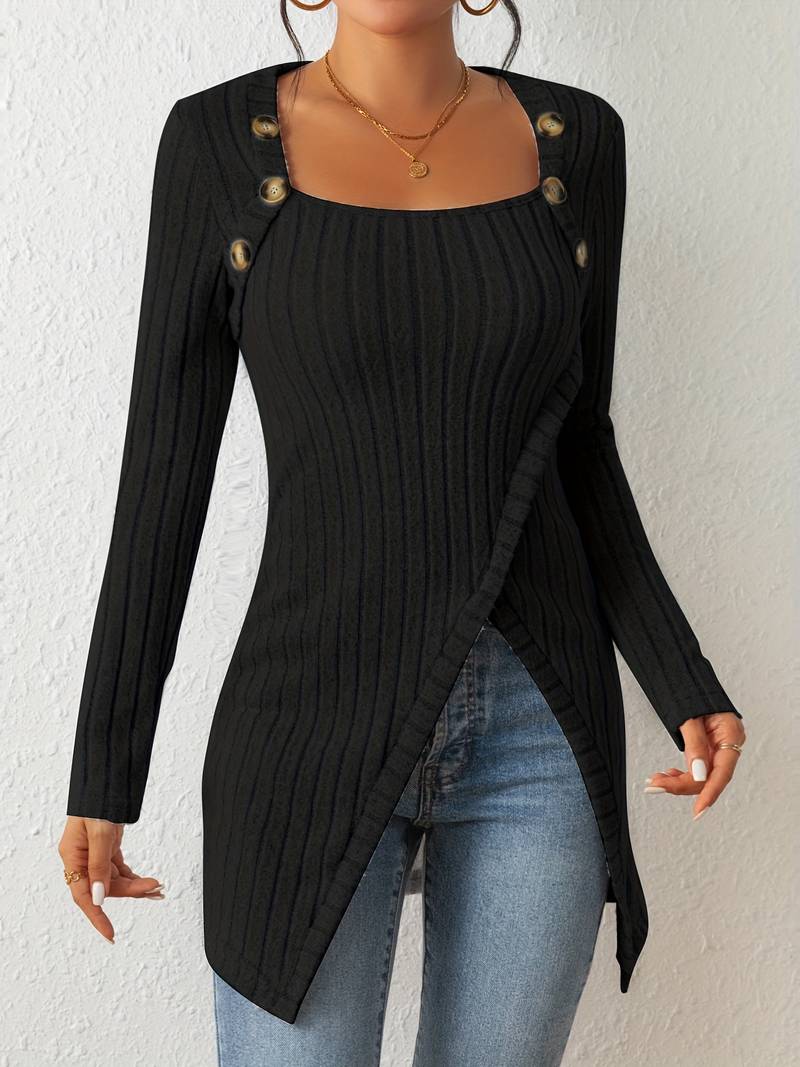 Street-Wave Square Neck Ribbed Knit Sweater With Side Slits For Women Cozy Chic Essential