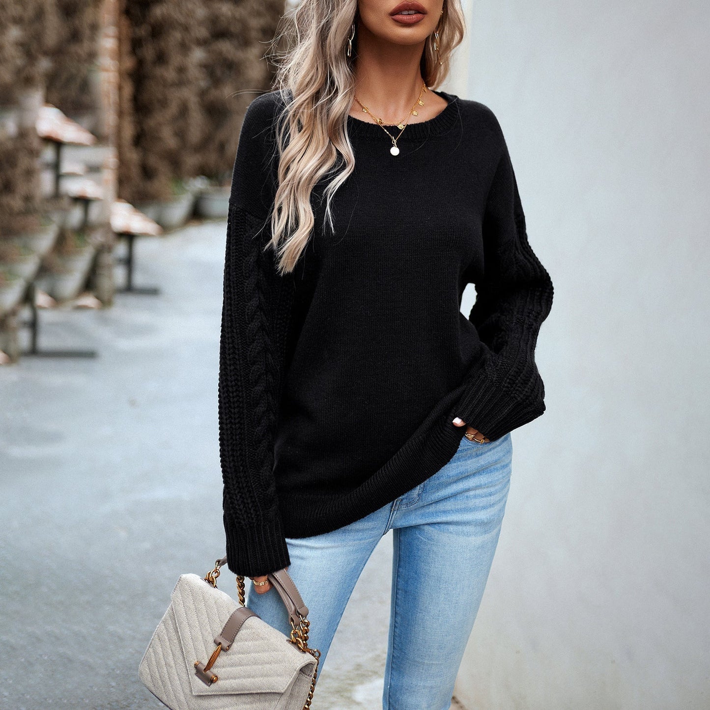 Cable Knit Pullover With Braided Sleeves Streetwave Women Relaxed Fit Sweater For Everyday Chic
