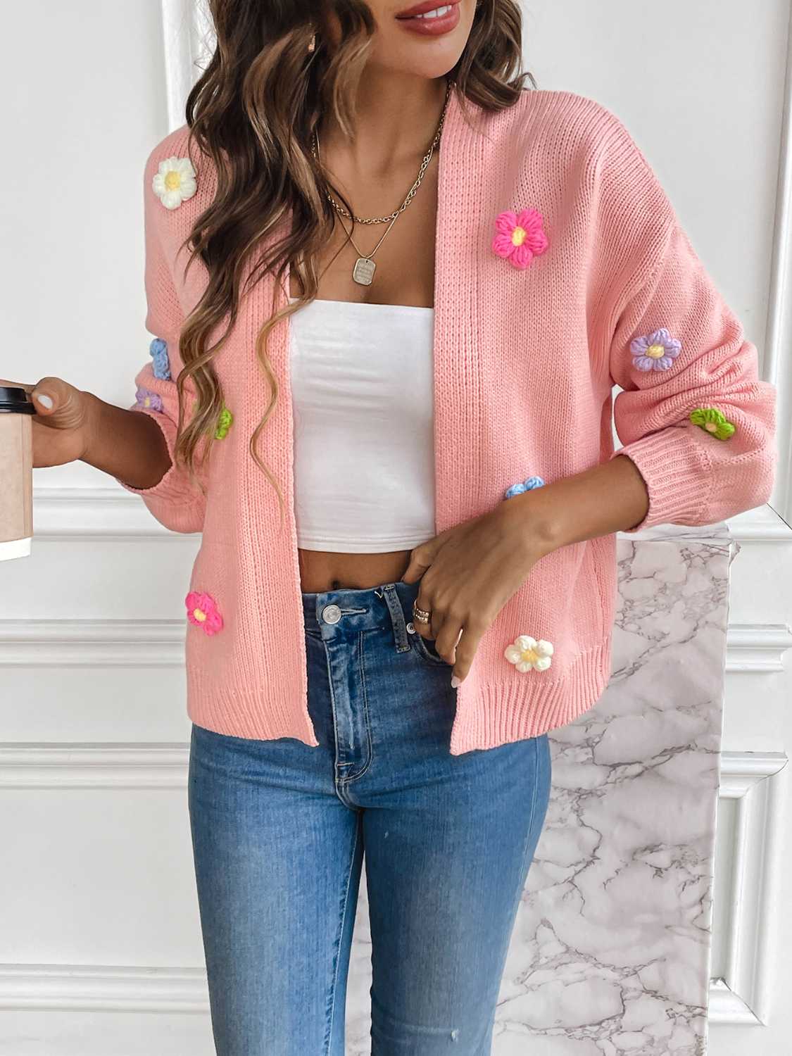 Street Wave Floral Knit Cardigan Open Front For Women Feminine Style And Cozy Comfort