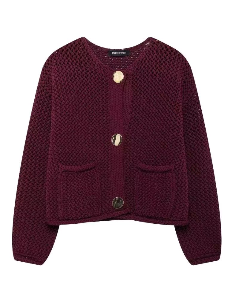 Street-Wave Burgundy Cardigan For Women With Gold Button Detail Soft Knit Relaxed Fit