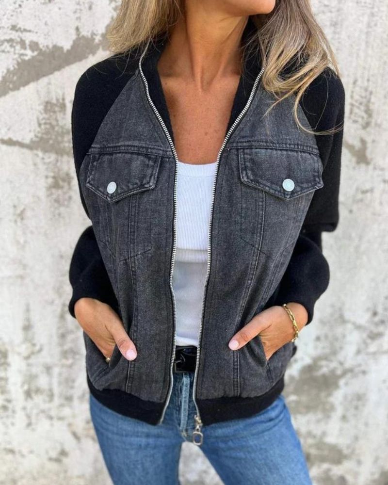 Street-Wave Denim Bomber Jacket For Women With Black Sleeves Modern Versatile Cozy Comfort