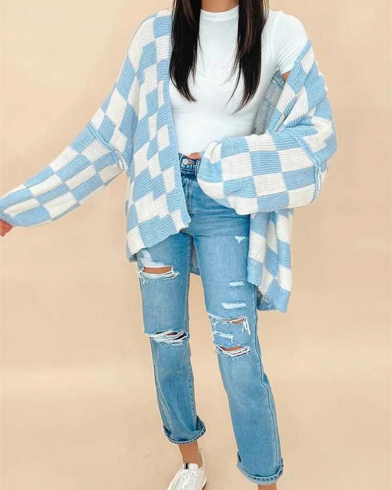 Street Wave Oversized Plaid Knit Cardigan For Women Ultra Soft Cozy Warmth Comfortable Everyday Wear