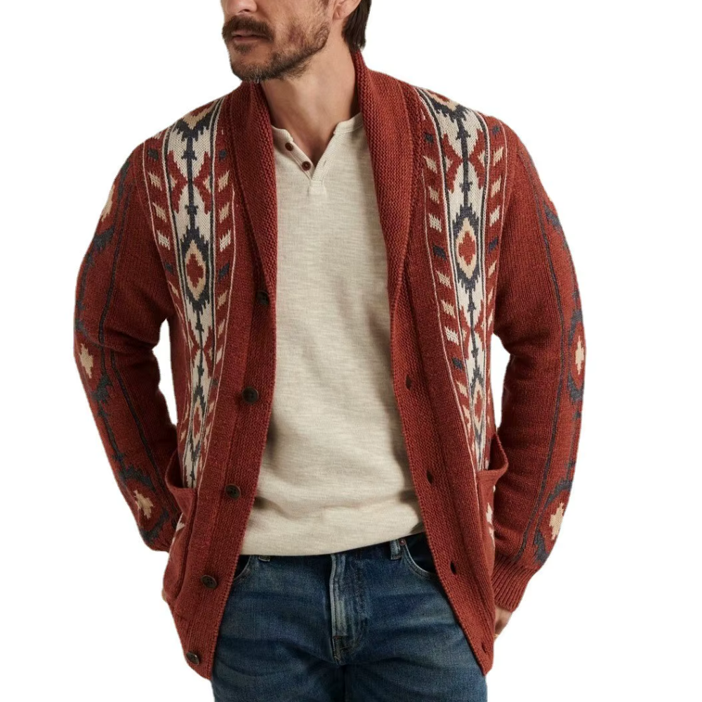 Street-wave Knit Cardigan for Men Bold Ethnic Diamond Pattern Cozy Rugged Warmth