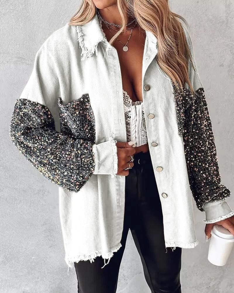 Street Wave Sequin Sleeve Cardigan For Women Chic Soft Knit With Frayed Hem And Versatile Style