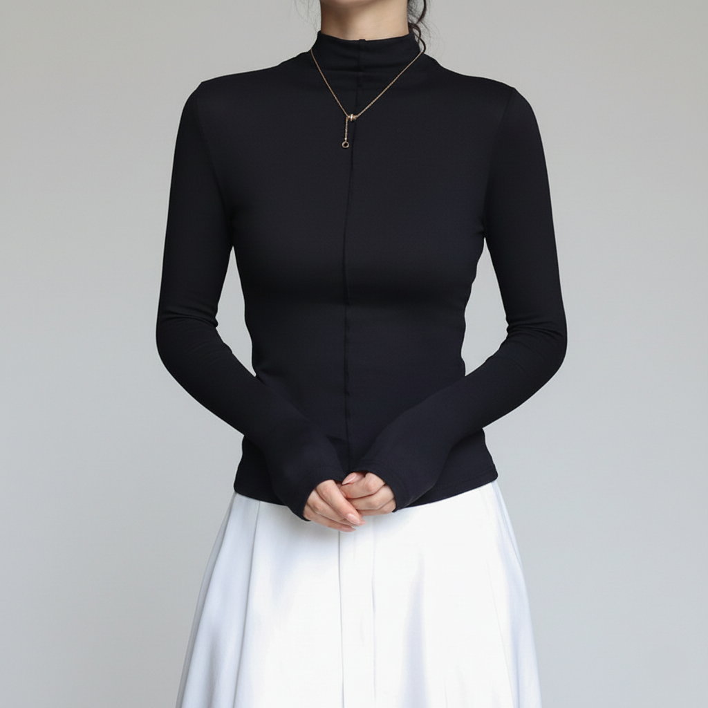 Nordisk-Flair Women's Turtleneck Top Slim Fit Stretch Fabric Long Sleeve Minimalist