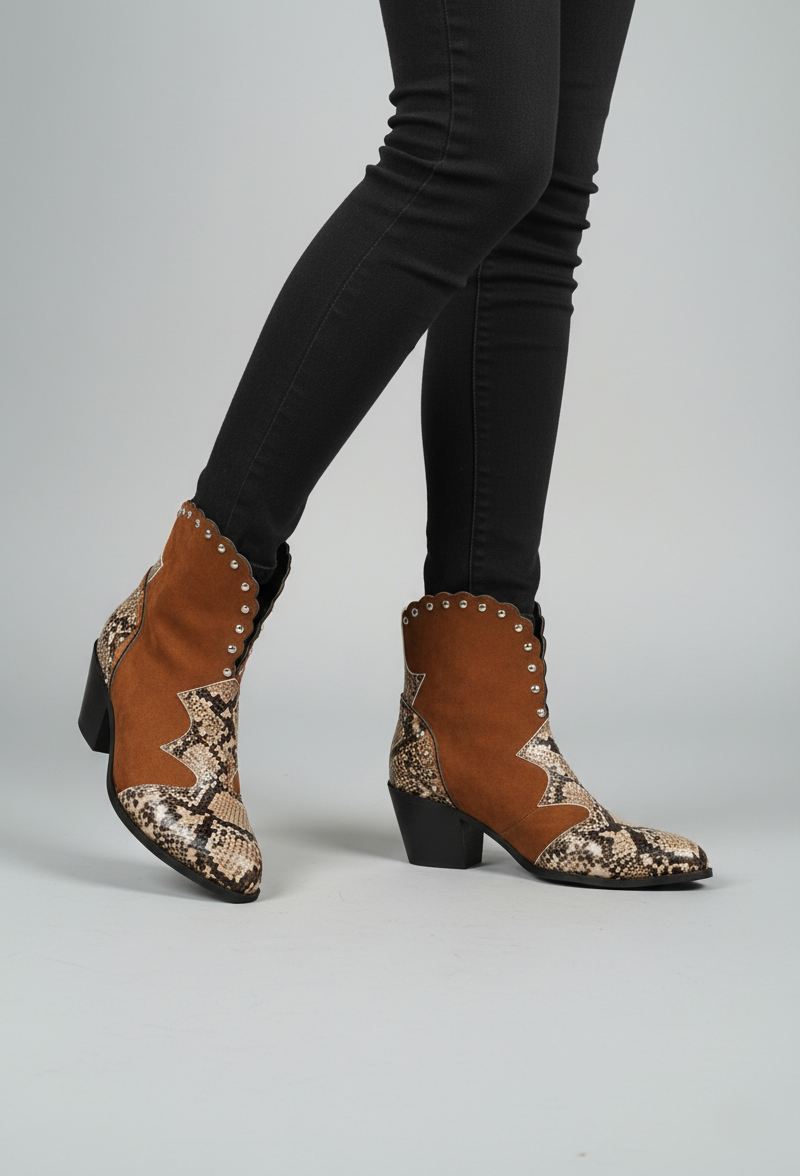 Street-Wave Western Ankle Boots With Snake Skin Accent And Embroidered Wave Trim Low Block Heel For Women