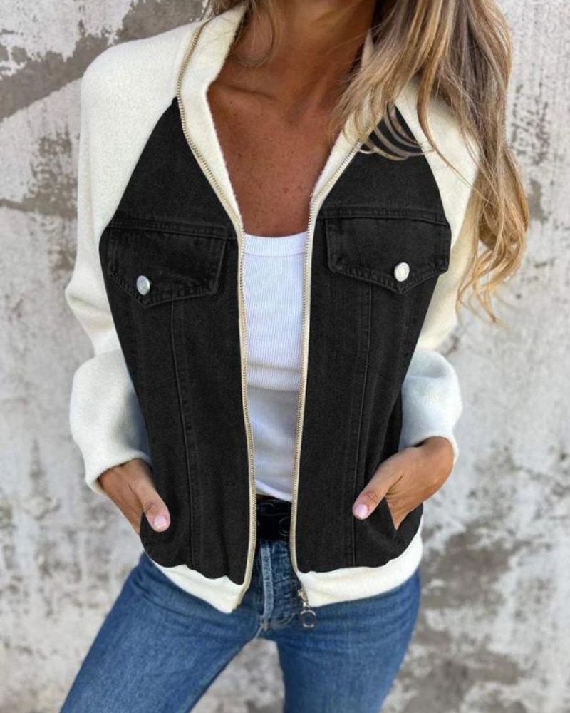 Street-Wave Denim Bomber Jacket For Women With Black Sleeves Modern Versatile Cozy Comfort