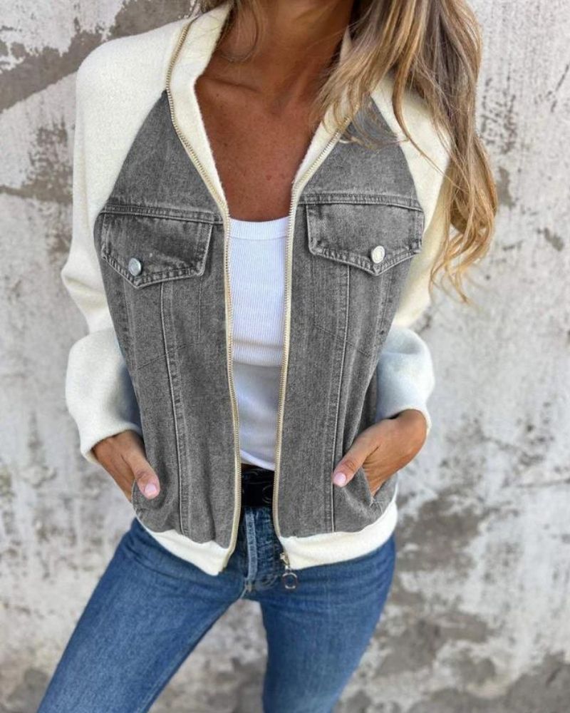 Street-Wave Denim Bomber Jacket For Women With Black Sleeves Modern Versatile Cozy Comfort