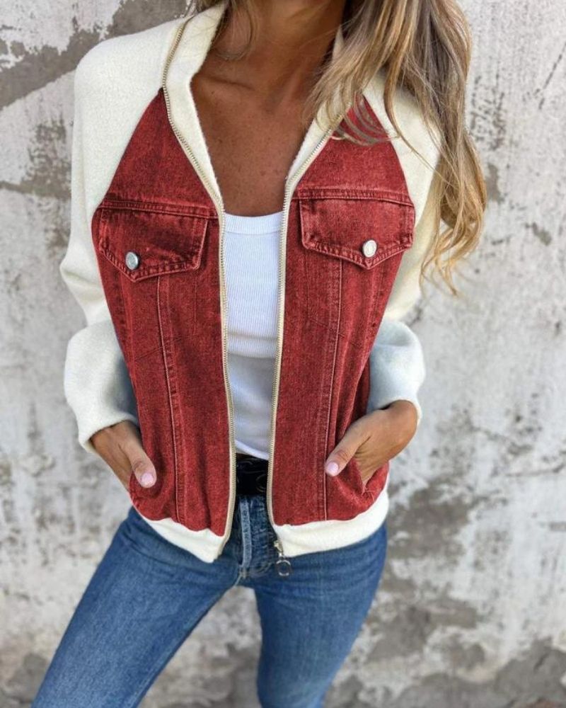 Street-Wave Denim Bomber Jacket For Women With Black Sleeves Modern Versatile Cozy Comfort