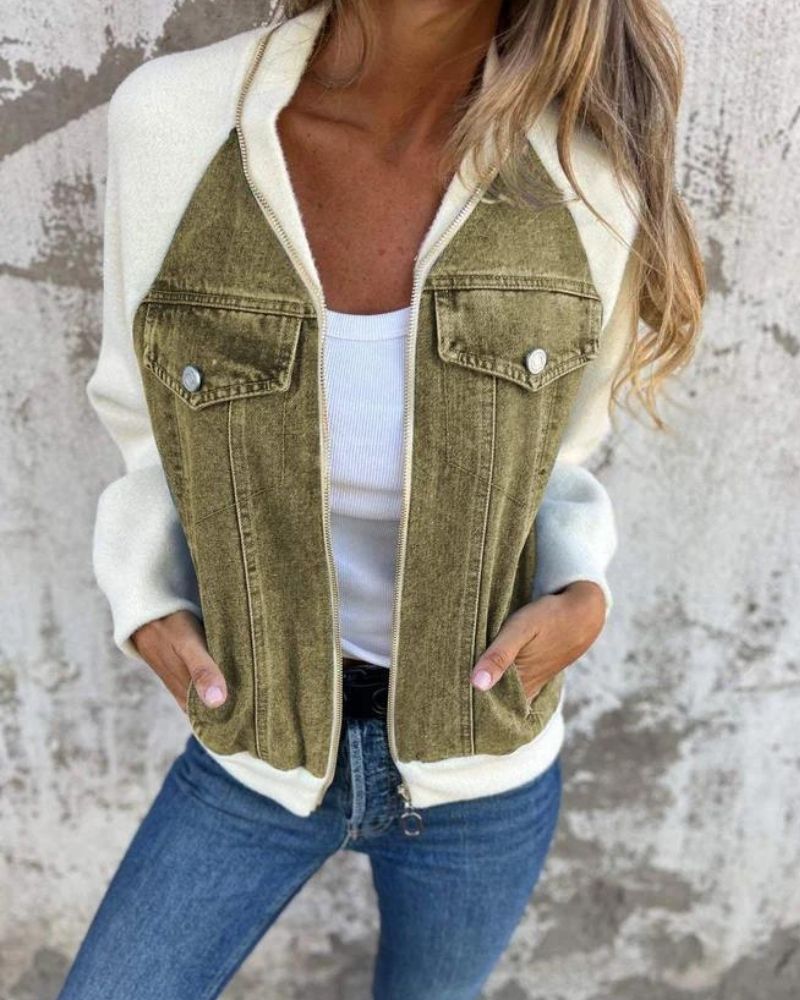 Street Wave Denim Jacket With Black Sleeves For Women Soft Comfort Zip Pockets Casual Everyday Essential