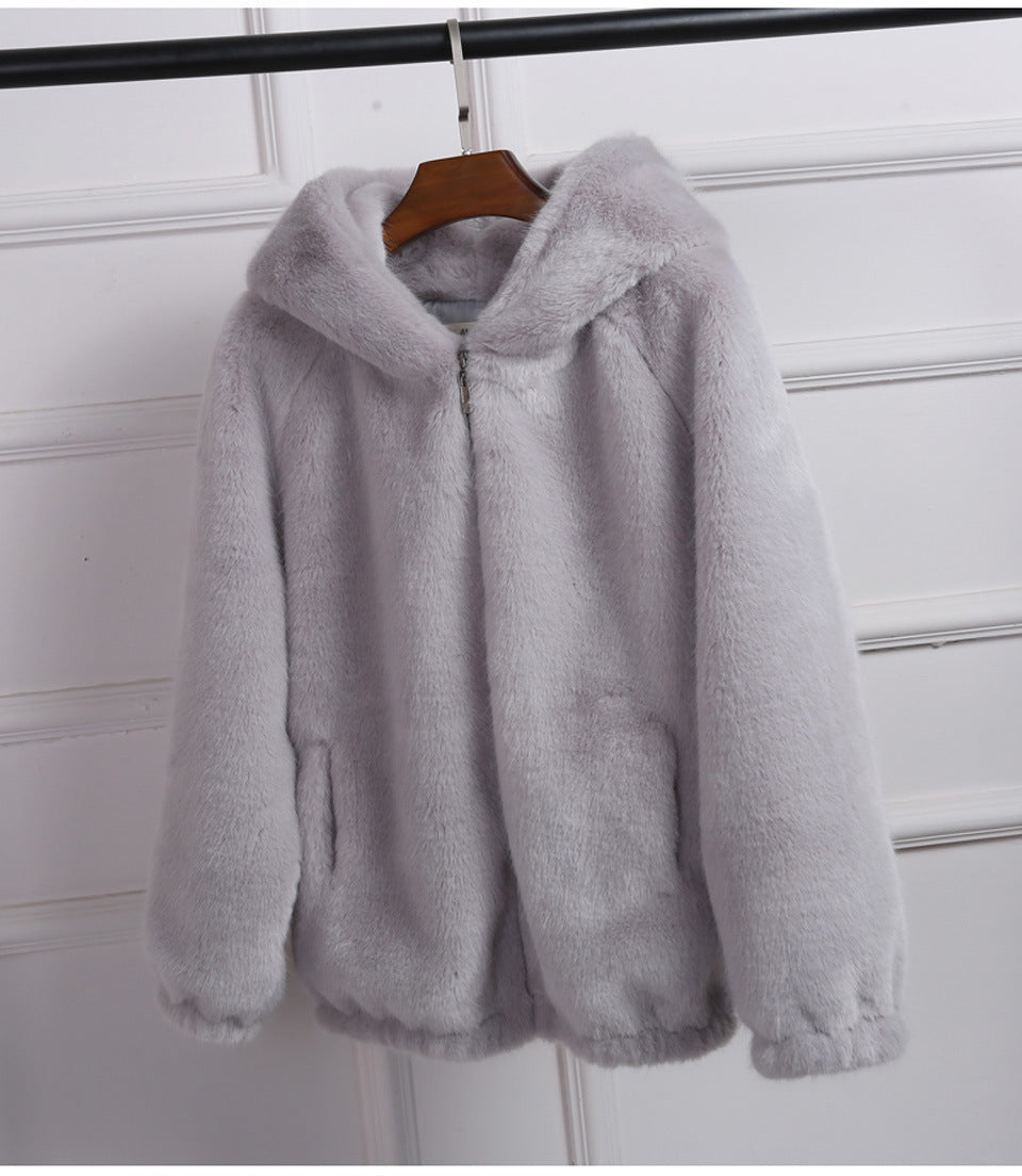 Street-wave Womens Fluffy Faux Fur Hoodie Jacket With Premium Zipper For Cozy Warmth