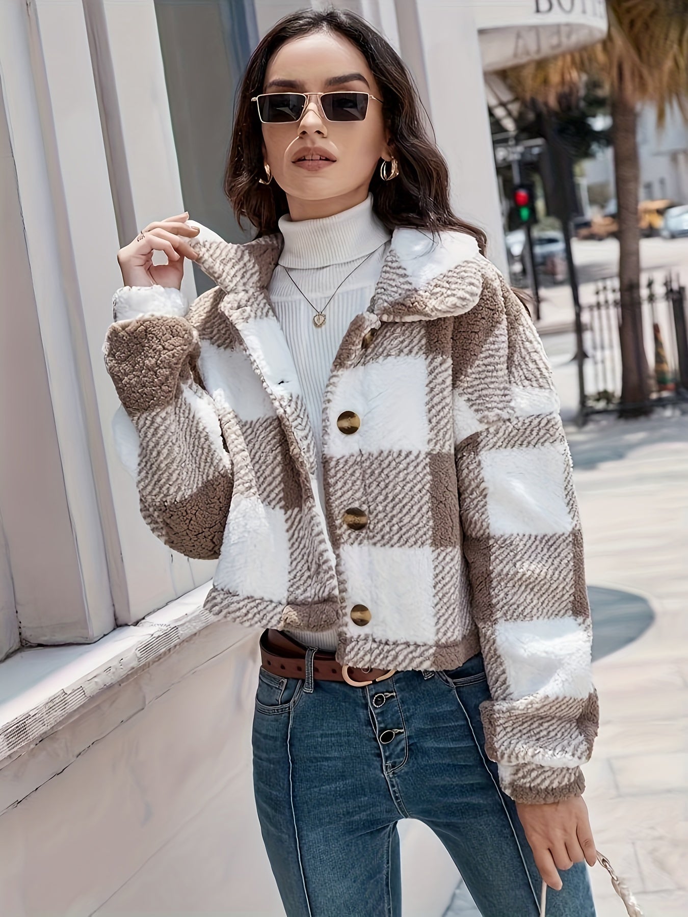 Streetwave Plaid Teddy Jacket With Button Closure Warm Plush Coat For Women Soft Thermal Lined
