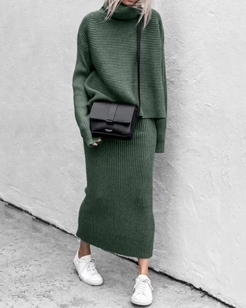 Street-wave High Neck Knit Set for Women, Cozy Chic Two Piece Ensemble with Turtleneck Top and Skirt