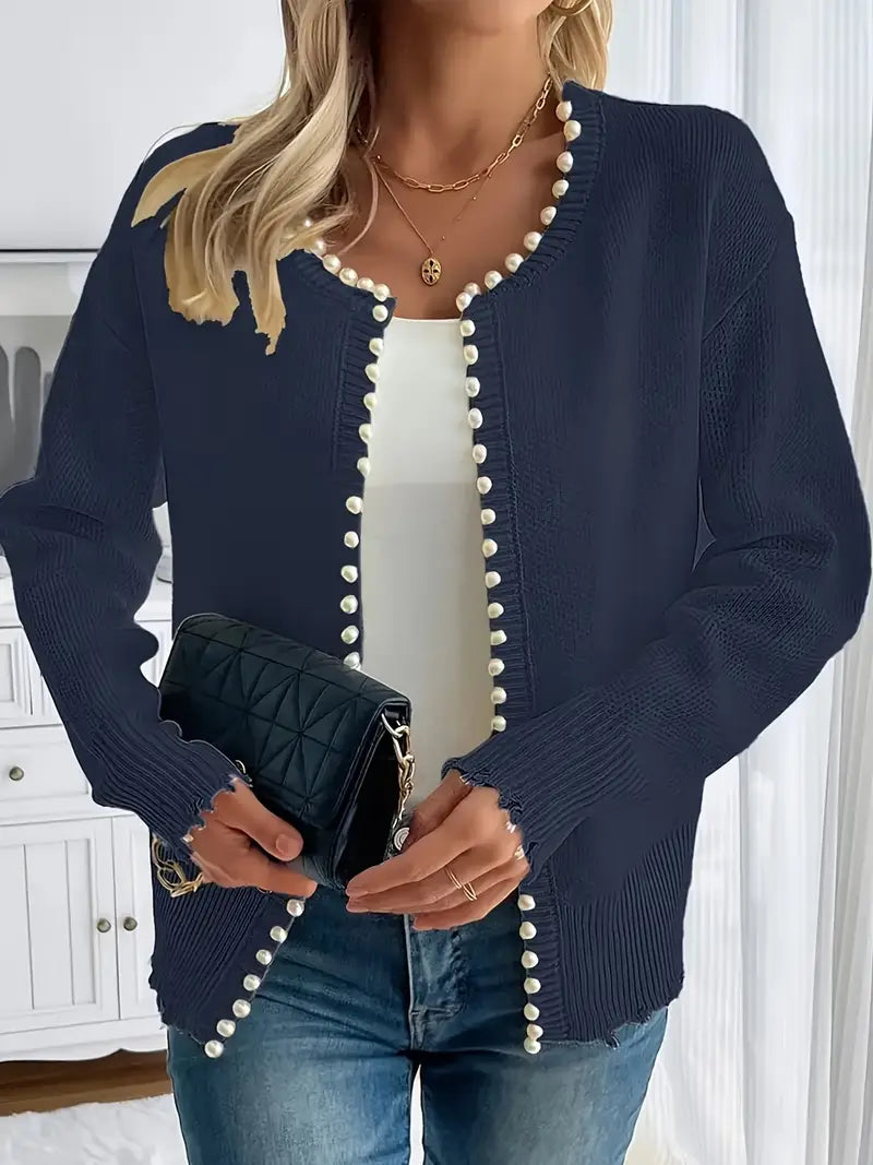 Street-Wave Pearl Trim Cardigan For Women Elegant Knitwear With Pearl Details For Office And Evening