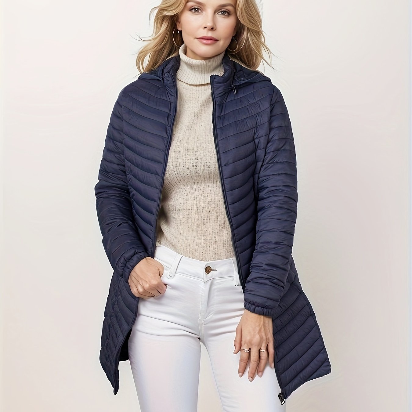 Street-wave Hooded Puffer Jacket For Women Casual Quilted Coat With Front Zip Water Resistant Warm Lightweight