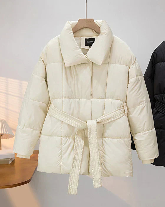 Street-wave Puffer Jacket With Lapel Belted Fit for Women, Lightweight Warmth, Stylish Minimalist