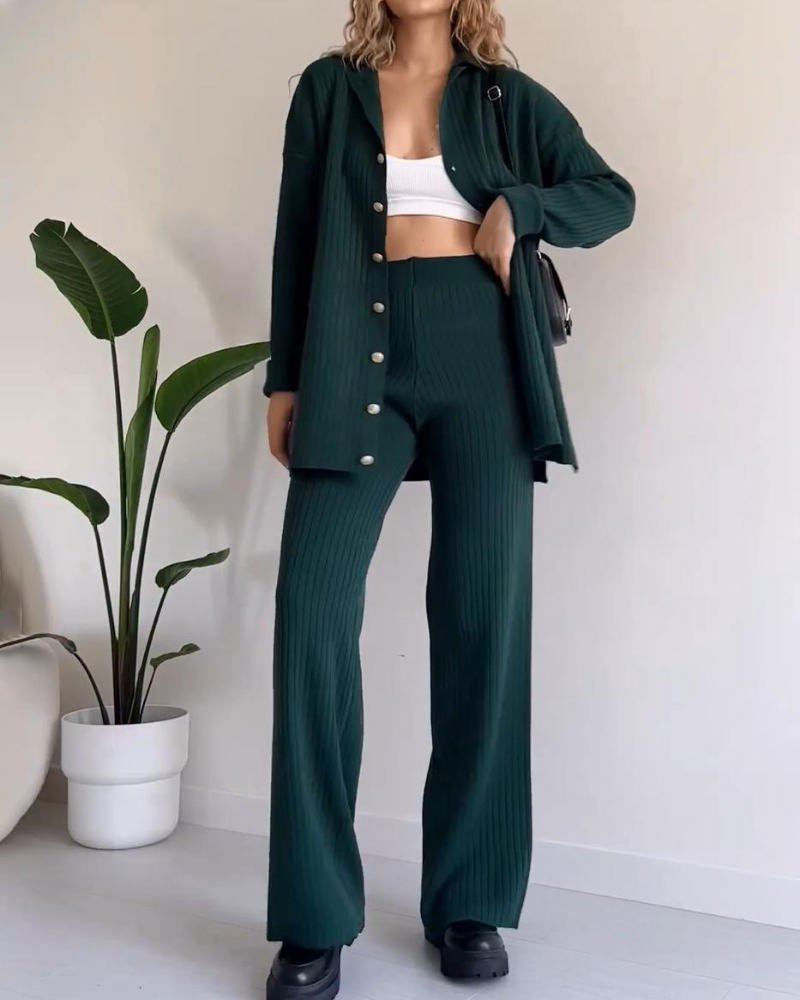 Street-wave Women's Knit Set Effortless Chic Ribbed Cardigan And Pants For All Day Comfort