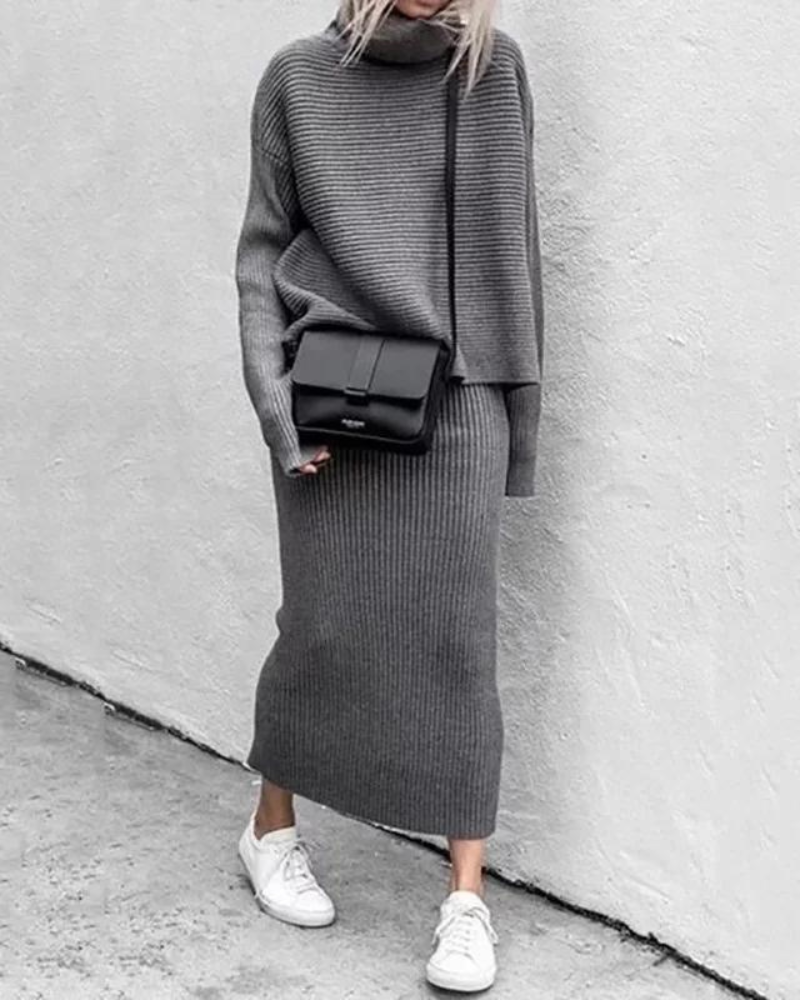 Street-wave High Neck Knit Set for Women, Cozy Chic Two Piece Ensemble with Turtleneck Top and Skirt
