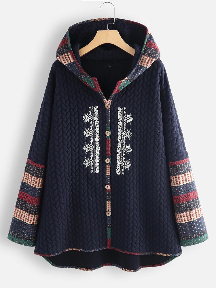 Street-wave Vintage Embroidered Coat for Women Quilted Hooded Jacket with Floral Embroidery Cozy Warmth